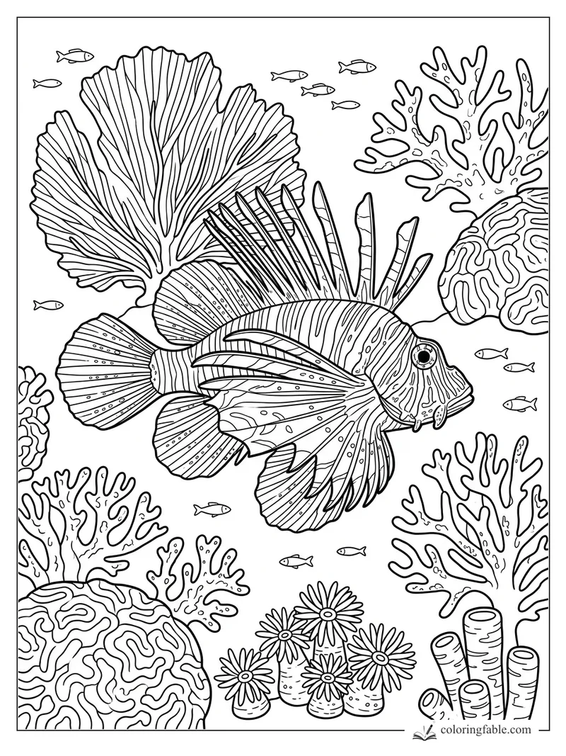 Realistic lionfish with striped fins swimming among fan coral, brain coral, tube sponges, and tiny fish