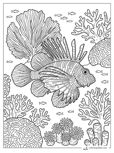 Realistic lionfish with striped fins swimming among fan coral, brain coral, tube sponges, and tiny fish