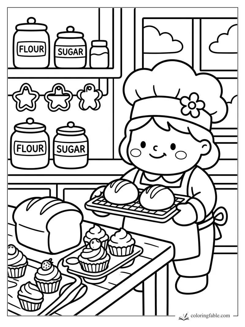 Smiling child baker holding a tray of buns in a cozy bakery with flour, sugar jars, bread, and cupcakes.