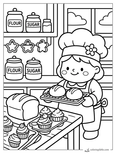 Smiling child baker holding a tray of buns in a cozy bakery with flour, sugar jars, bread, and cupcakes.