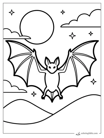 Easy bat coloring page with wide wings, moon, clouds, stars, and rolling hills.