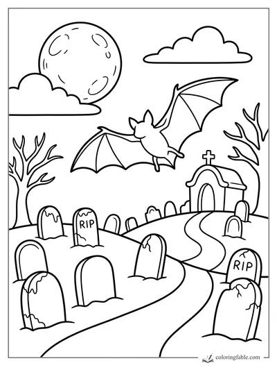 Easy bat coloring page with a smiling bat, full moon, clouds, chapel, bare trees, and RIP gravestones.