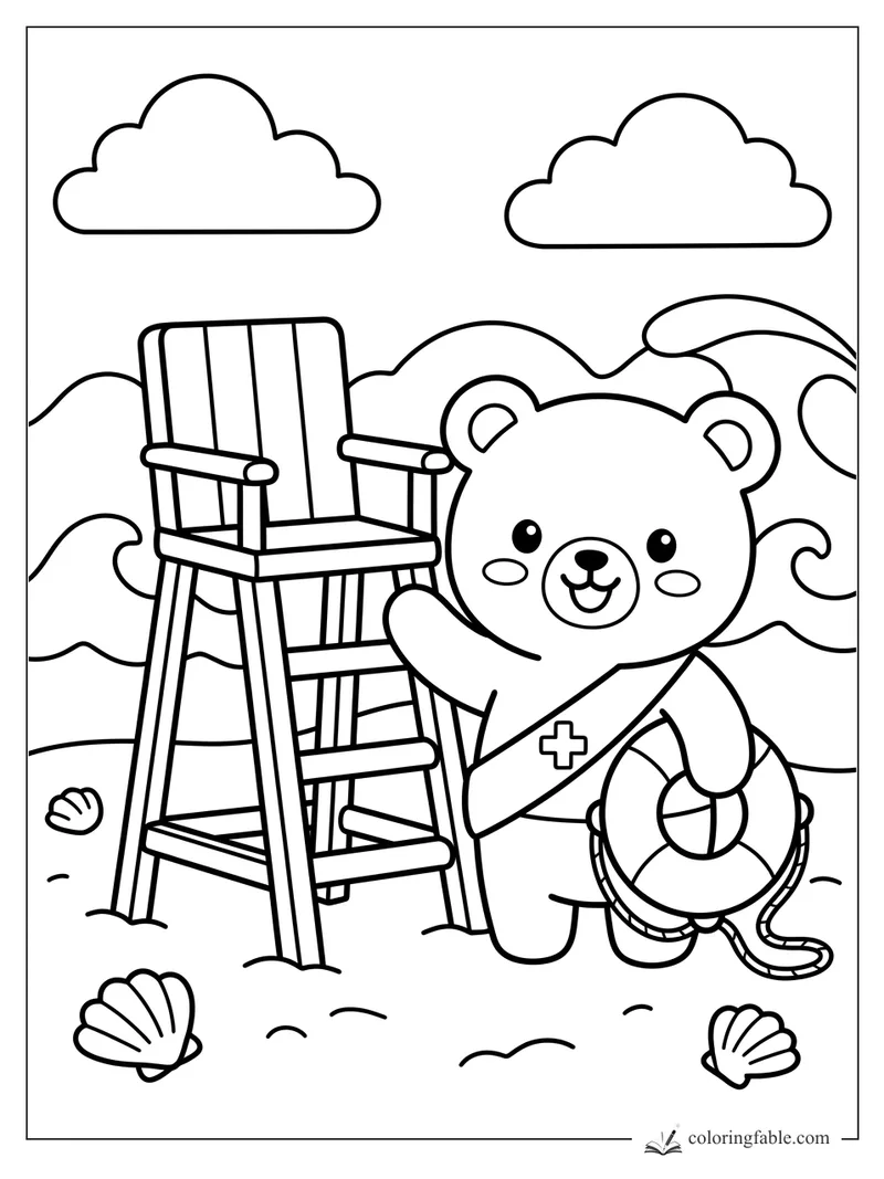 Cute bear lifeguard with rescue ring beside a tall beach chair, waves, clouds, sun, and seashells.