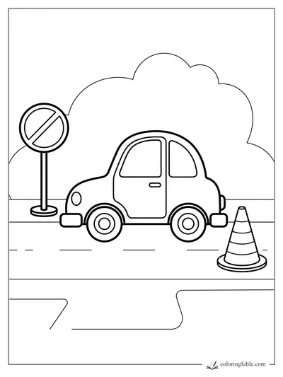 Minimalist car coloring page with a round road sign, traffic cone, bushes, and street lines.
