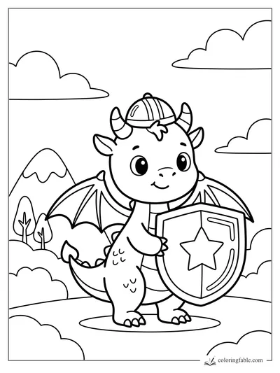Kawaii baby dragon wearing a helmet and holding a star shield near mountains and clouds.