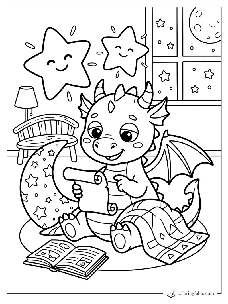 Cartoon dragon holding a scroll beside a crescent moon pillow, open book, window, and smiling stars.