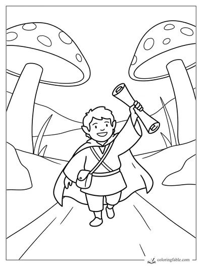 Smiling elf child holds up a scroll on a path between giant spotted mushrooms.
