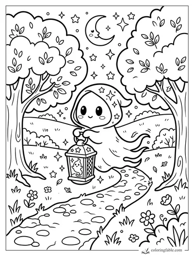 Cute manga ghost carrying a starry lantern between trees under a smiling crescent moon.
