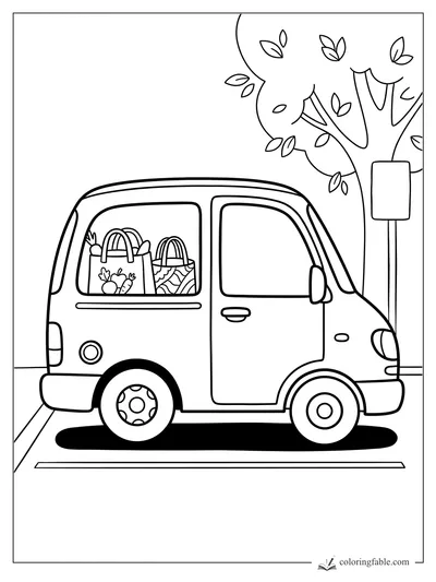 Easy coloring page of a small van carrying grocery bags beside a leafy tree and street sign