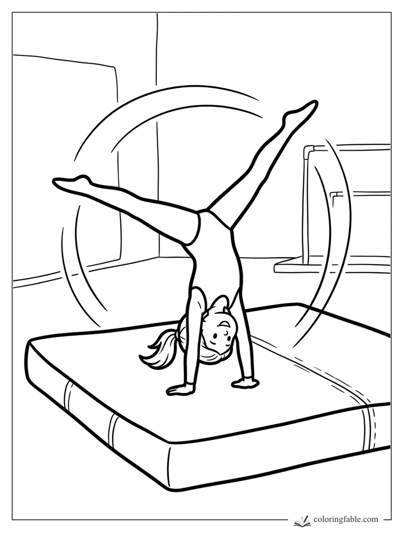 Toddler coloring page of a smiling gymnast doing a handstand split on a thick gym mat.