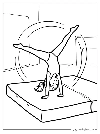 Toddler coloring page of a smiling gymnast doing a handstand split on a thick gym mat.