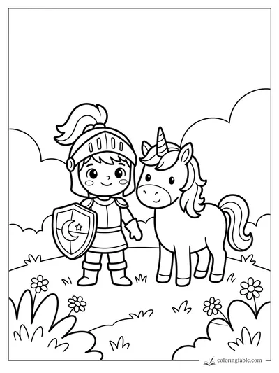 Kawaii little knight with a star shield standing beside a unicorn in a flower meadow.