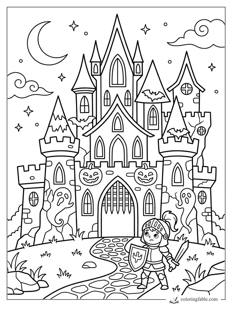 Young knight with shield before a gothic castle with bats, ghosts, pumpkins, moon, stars, and curling clouds.