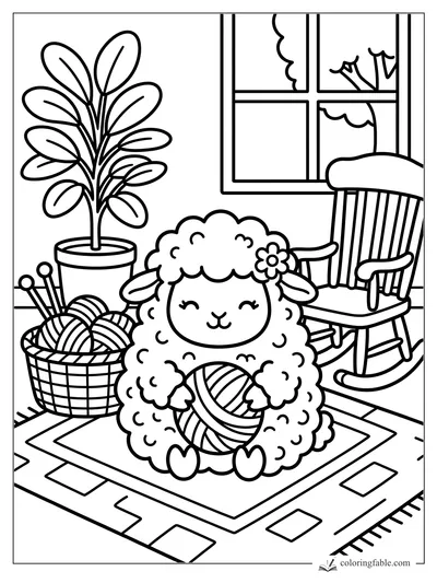 Cozy lamb holding a yarn ball beside a basket of yarn, houseplant, window, rug, and rocking chair.
