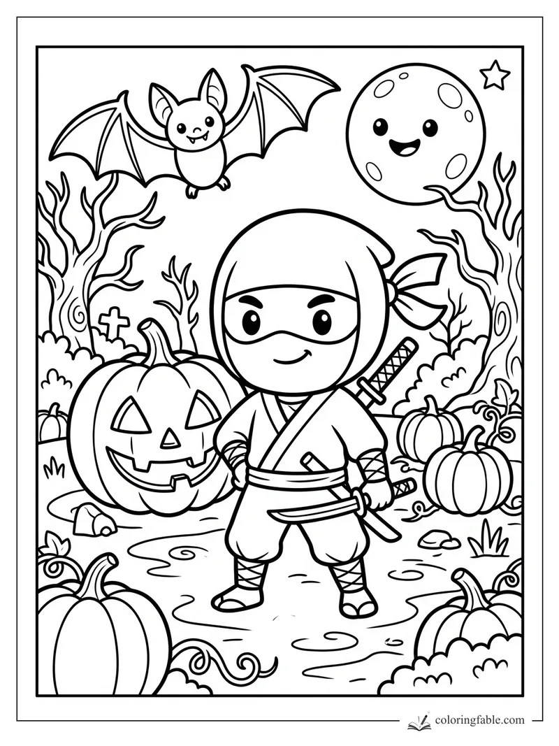 Cartoon ninja with sword among jack-o'-lanterns, pumpkins, bat, bare trees, moon and star