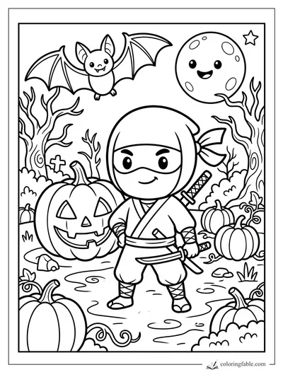 Cartoon ninja with sword among jack-o'-lanterns, pumpkins, bat, bare trees, moon and star