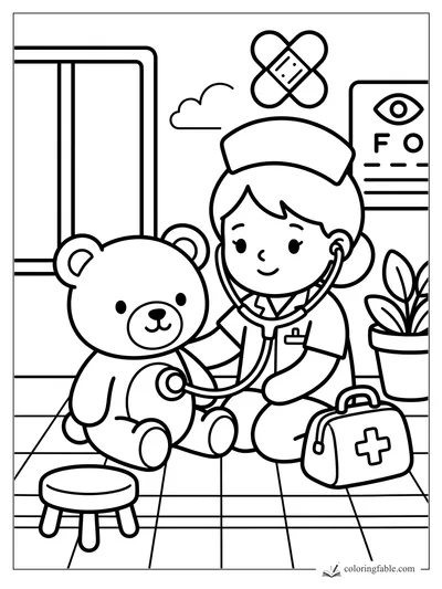 Child nurse listens to teddy bear with a stethoscope in a cozy clinic with eye chart and medical bag.