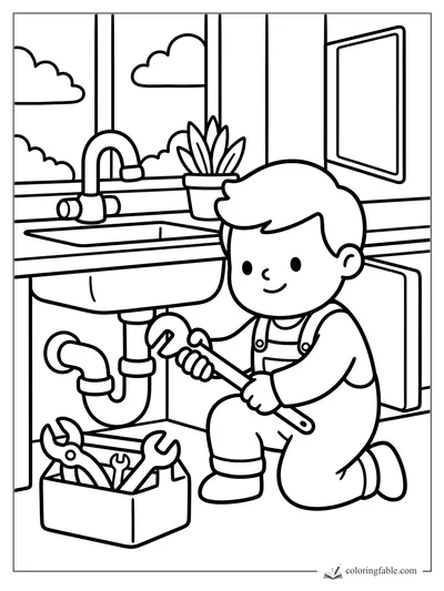 Toddler plumber holding a wrench under a sink with pipes, toolbox, plant, and cloudy window.
