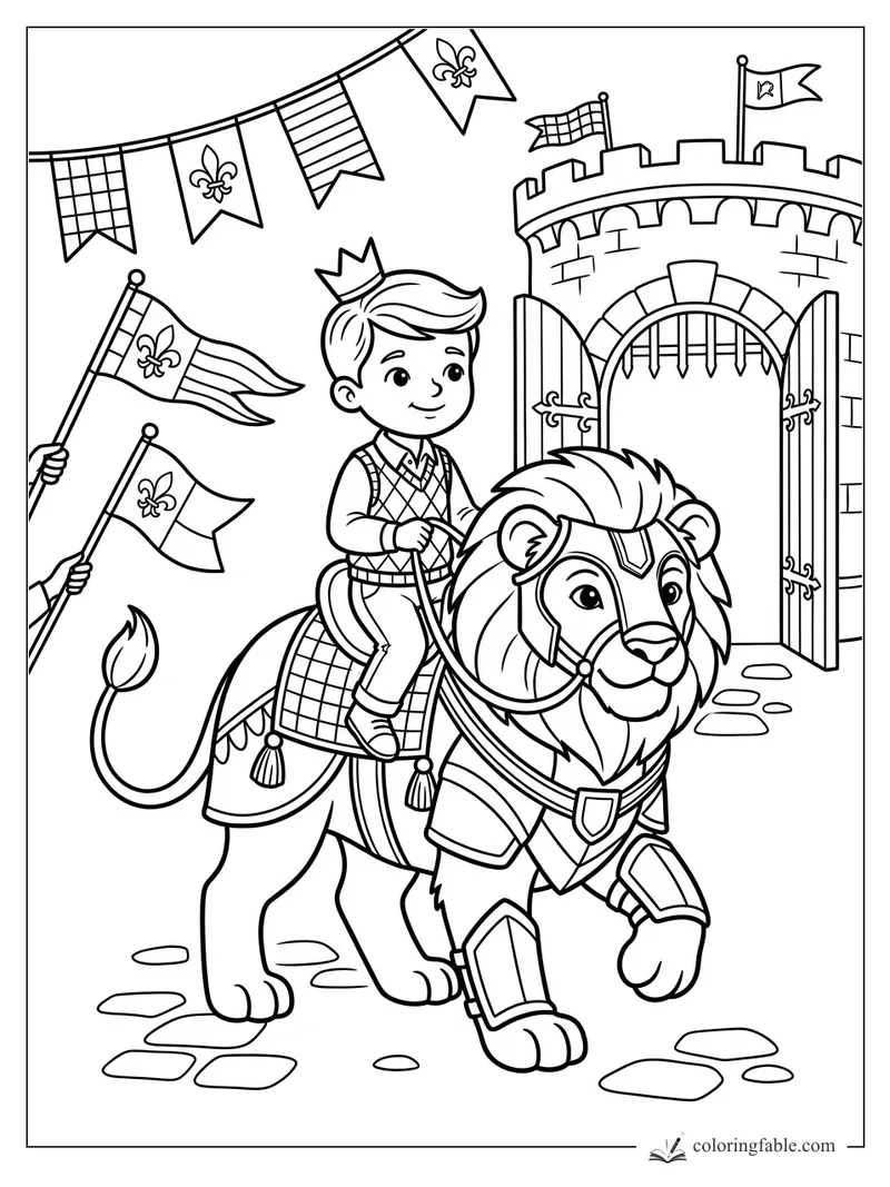 Little prince on an armored lion beside open castle gates with fleur-de-lis flags and bunting