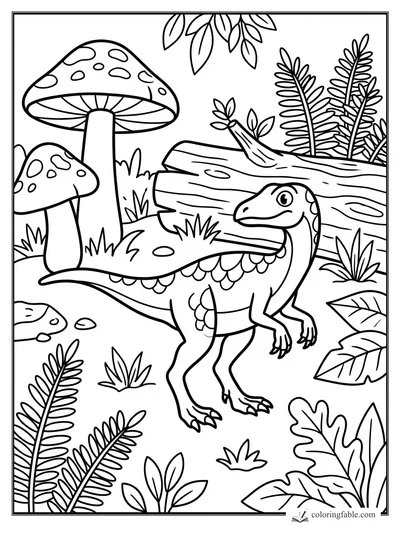 Easy dinosaur coloring page with a small raptor, giant spotted mushrooms, fern leaves, and a fallen log.
