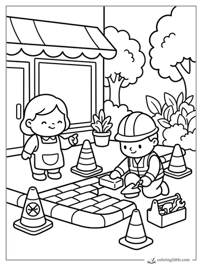 Child in a hard hat lays brick road pieces while a friend points beside cones, toolbox, shop, and trees.