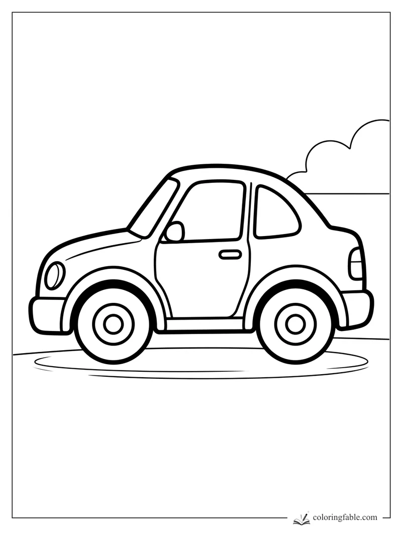 Bold easy coloring page of a small sport car with round wheels, side windows, and a puffy cloud behind it.