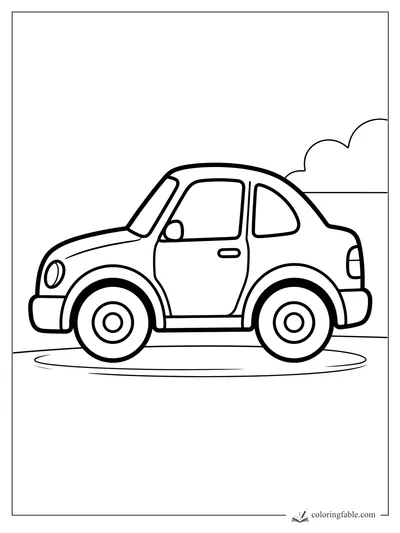 Bold easy coloring page of a small sport car with round wheels, side windows, and a puffy cloud behind it.