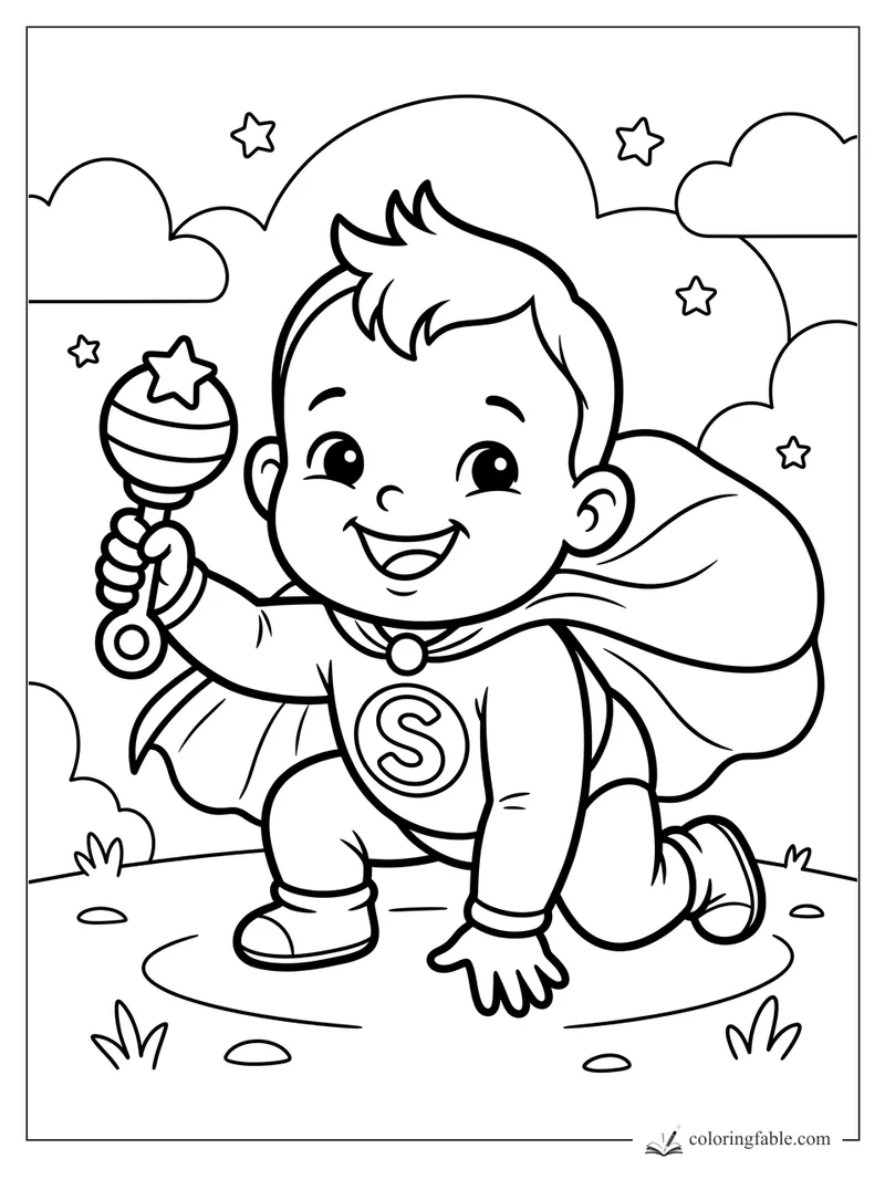 Smiling toddler superhero kneeling with cape, S badge, star wand, clouds, and tiny stars