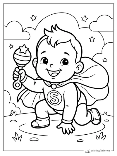 Smiling toddler superhero kneeling with cape, S badge, star wand, clouds, and tiny stars