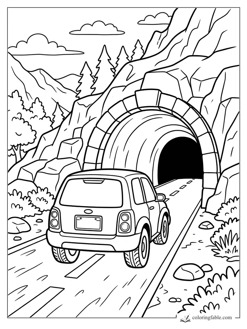 Cartoon SUV driving toward a stone tunnel in the mountains with pine trees, rocks, bushes, and clouds.