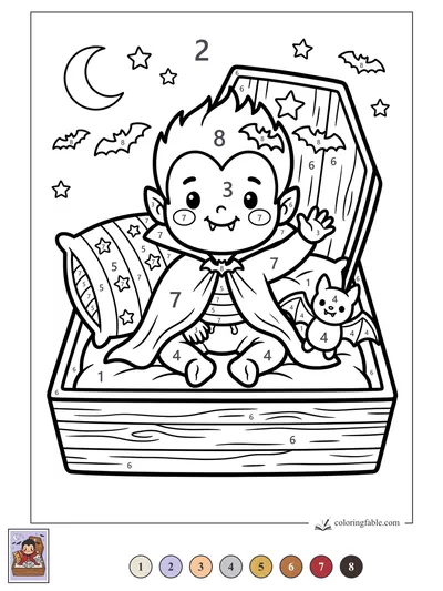 Little Vampire Waving from a Starry Coffin Bed — color by number