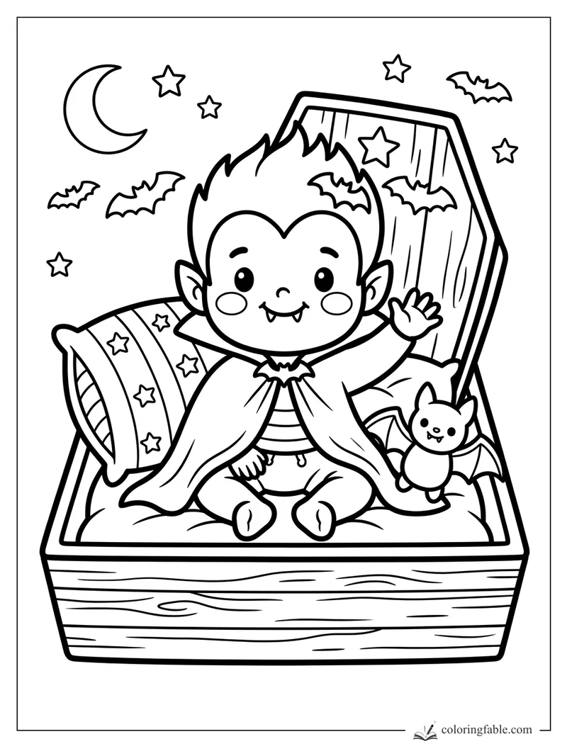 Cute little vampire waving in a coffin bed with star pillow, toy bat, moon, stars, and flying bats.