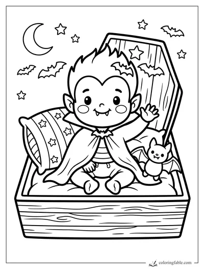 Cute little vampire waving in a coffin bed with star pillow, toy bat, moon, stars, and flying bats.