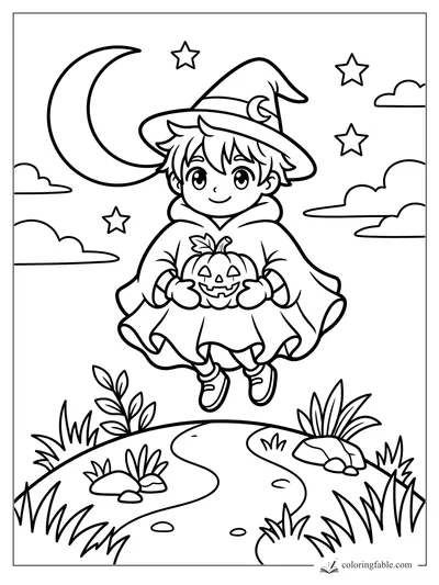 Anime little witch holding a jack-o’-lantern beneath a crescent moon, stars, clouds, grass, and winding path