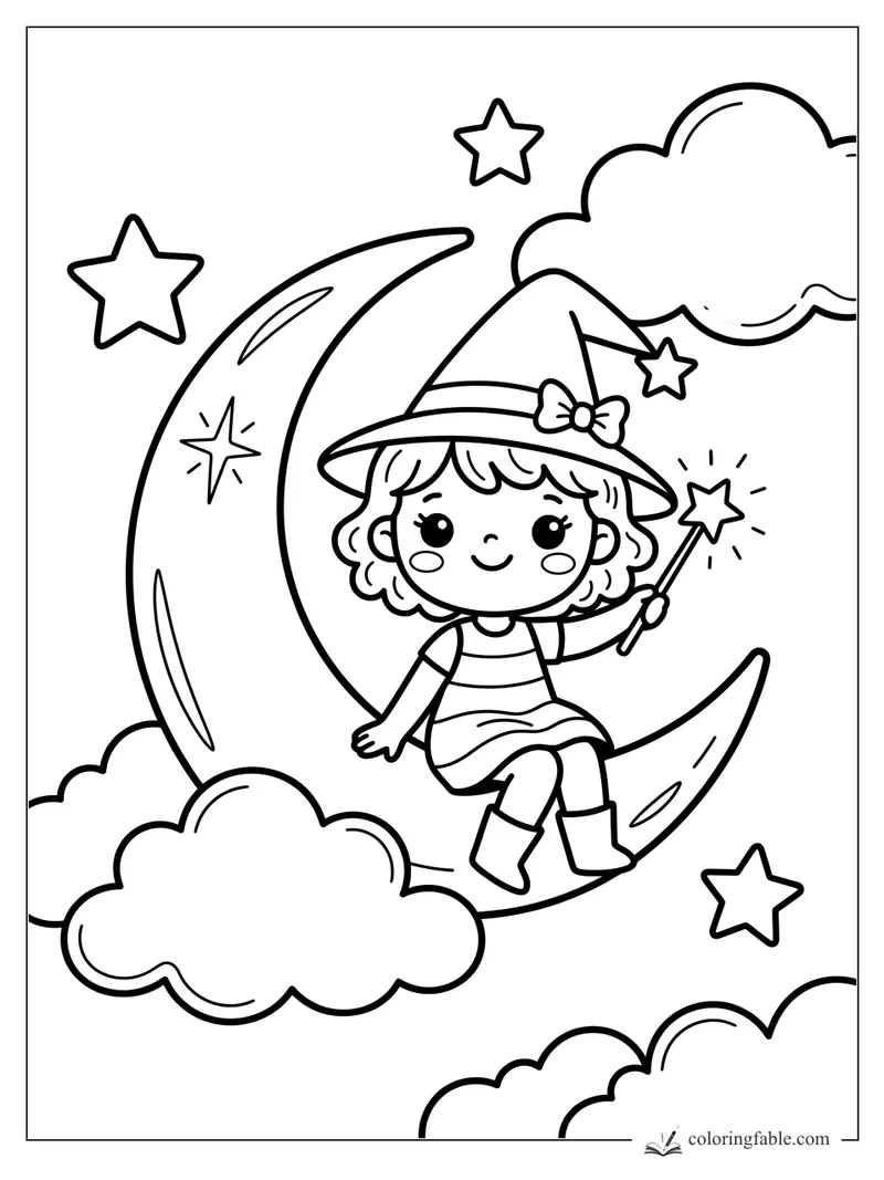 Kawaii witch sitting on a crescent moon with a star wand, clouds, and big stars