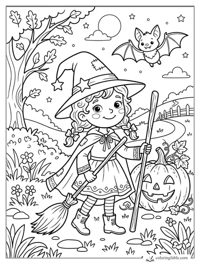 Cartoon little witch holding a broom and staff beside a jack-o-lantern, with a bat, moon, stars, and tree.