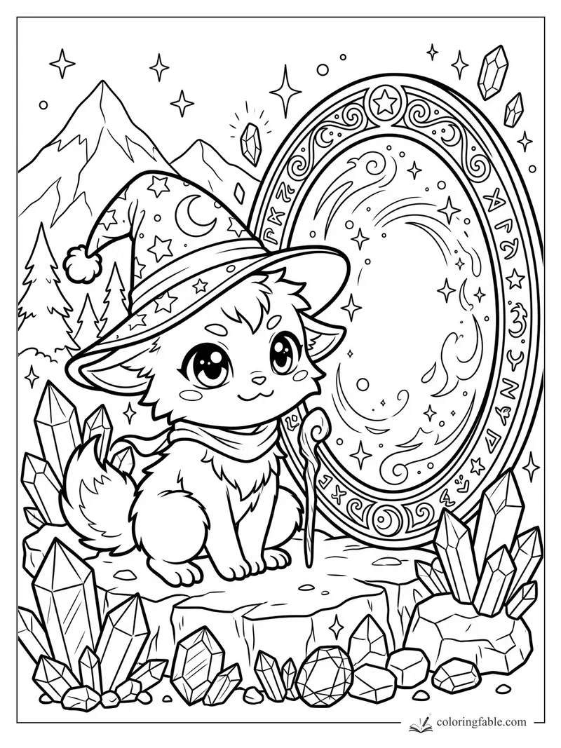 Cute manga monster in a wizard hat beside a star-filled magic mirror with crystals and mountains