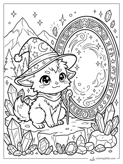 Cute manga monster in a wizard hat beside a star-filled magic mirror with crystals and mountains