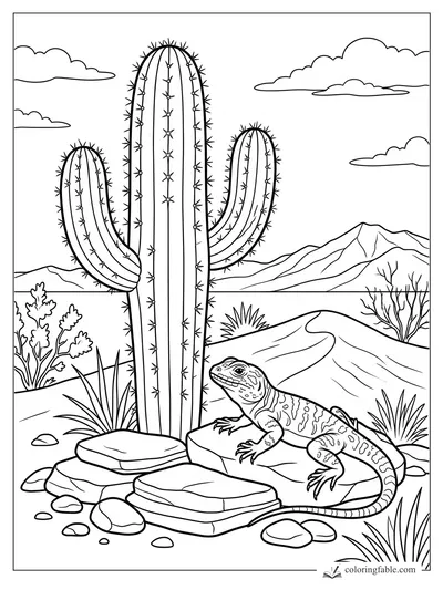Desert coloring page with a lizard on rocks beside a tall saguaro, shrubs, mountains, and clouds
