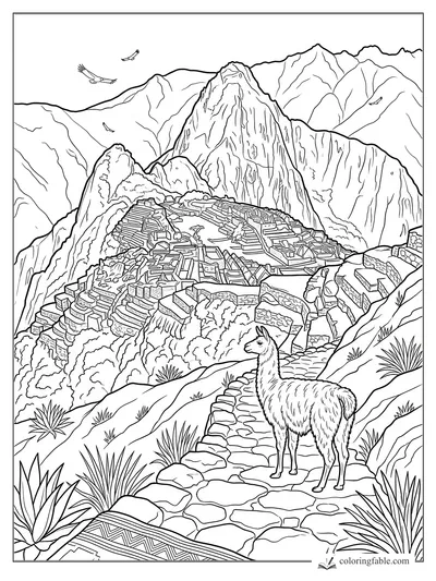 Llama on a stone path above Machu Picchu, with Andean peaks, terraces, agave plants, and flying condors.