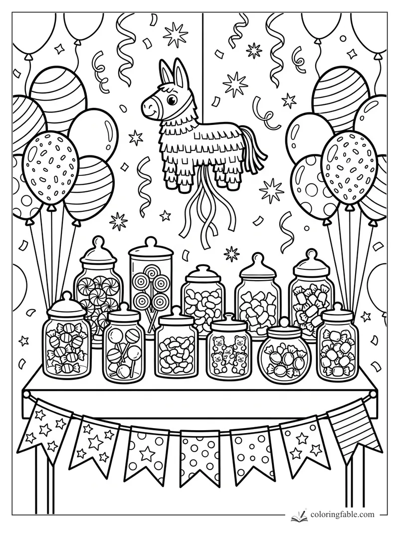 Cartoon llama piñata above candy jars, balloons, streamers, confetti, and bunting at a sweet party stand