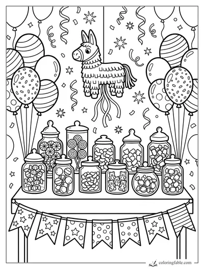 Cartoon llama piñata above candy jars, balloons, streamers, confetti, and bunting at a sweet party stand