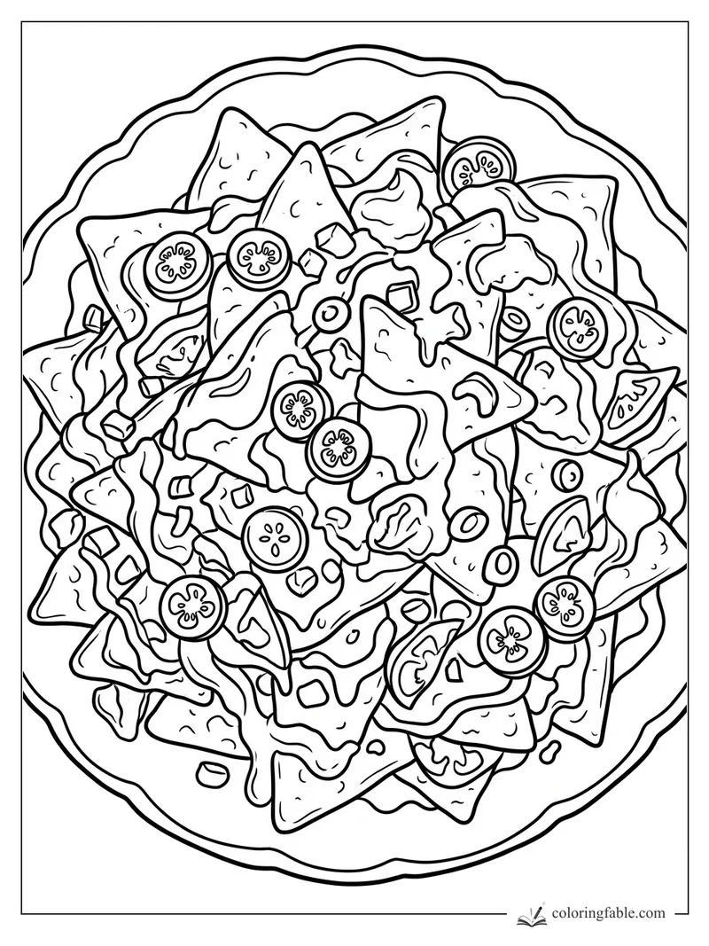 Loaded nachos coloring page with tortilla chips, tomato slices, cheese, peppers, and toppings on a wavy plate