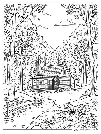 Autumn forest coloring page with a log cabin, smoking chimney, fence, footbridge, creek, and falling leaves.