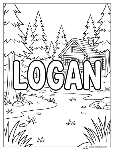 Logan name coloring page with pine trees, a log cabin, rocks, grass, and a winding forest path