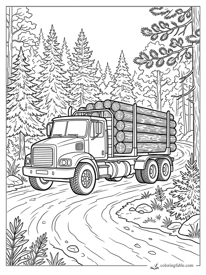 Engraving-style logging truck hauling stacked timber on a winding pine forest road.