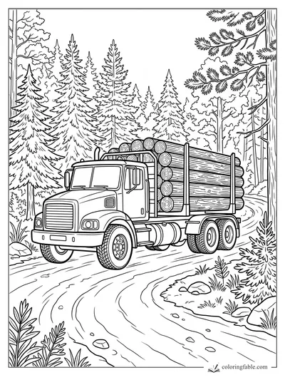 Engraving-style logging truck hauling stacked timber on a winding pine forest road.