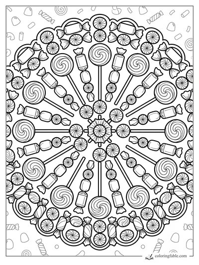 Intricate candy mandala with spiral lollipops, wrapped sweets, peppermints, and scalloped rings