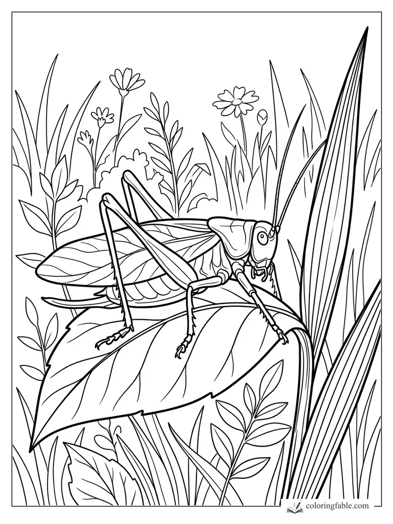 Long-antenna grasshopper perched on a broad leaf among tall grass, wildflowers, and meadow plants