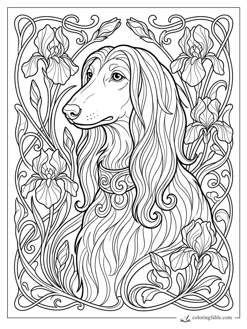 Intricate art nouveau coloring page of a long-haired dog framed by irises and curling vines